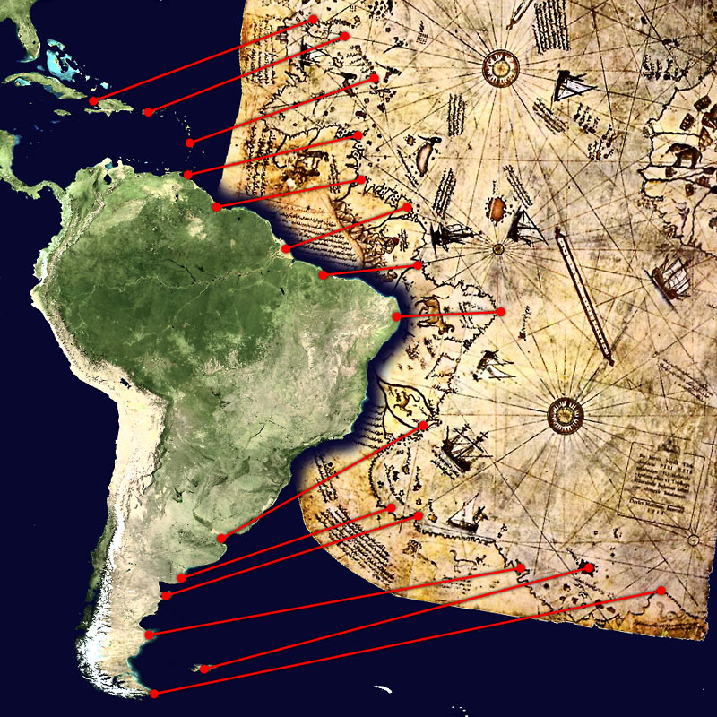 Na foto: Comparação entre o fragmento sobrevivente do Mapa de Piri Reis com a costa sul-americana.