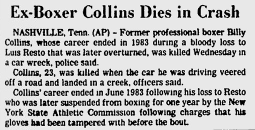 A morte do boxeador Billy Collins Jr. noticiada no Sarasota Herald-Tribune. Data: 8 de março de 1984.