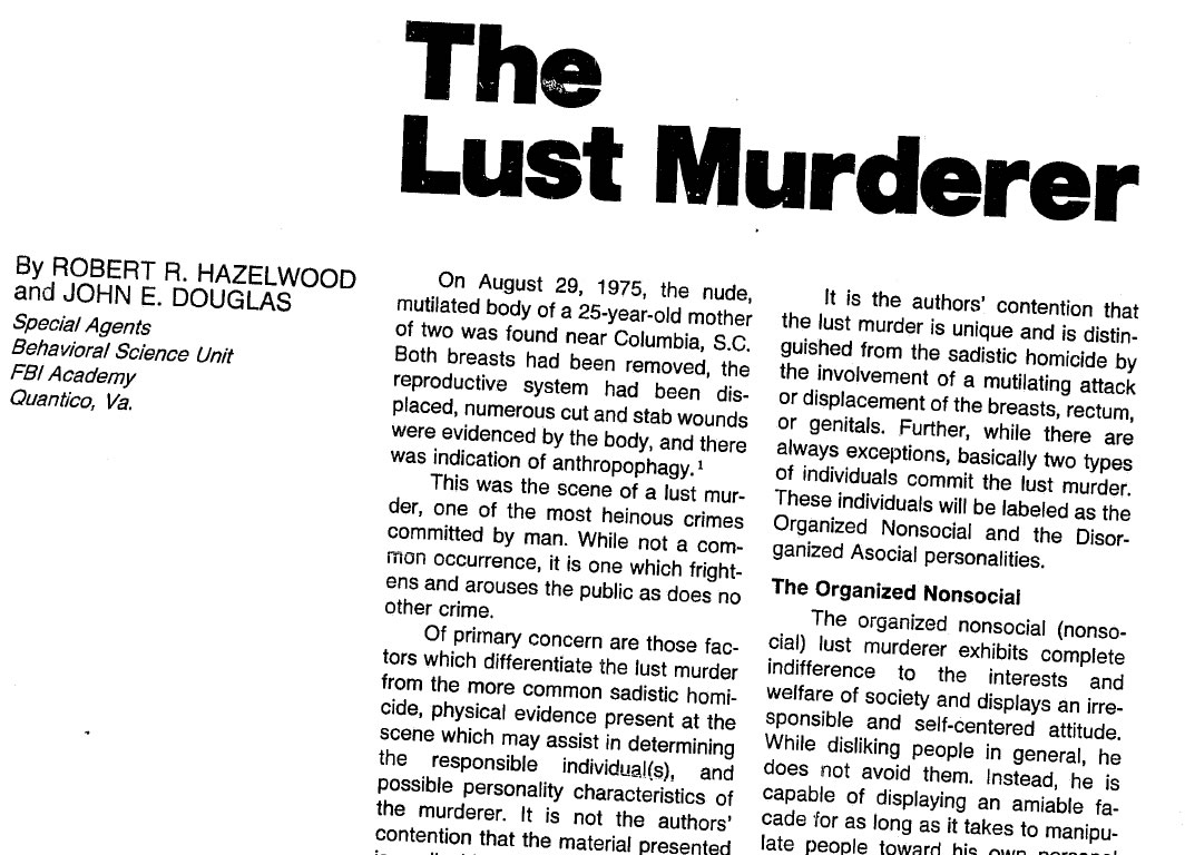 Primeira página do artigo "The Lust Murderers", escrito pelos caçadores de mentes do FBI John Douglas e Roy Hazelwood.