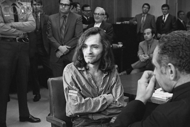 19 Jun 1970, Santa Monica, California, USA --- "I Don't Have Any Guilt" said long-haired hippie chieftain Charles Manson, 35, in brief press conference in courtroom here, June 18, where a hearing to continue proceedings in the murder case of musician Dary Hinman was held.  Manson's trial for the slaying of actress Sharon Tate and four others last August 9th, and the killing of a wealthy supermarket chain owner and his wife the day after the Tate murder, began this week and forced postponement of the Hinman case. --- Image by © Bettmann/CORBIS