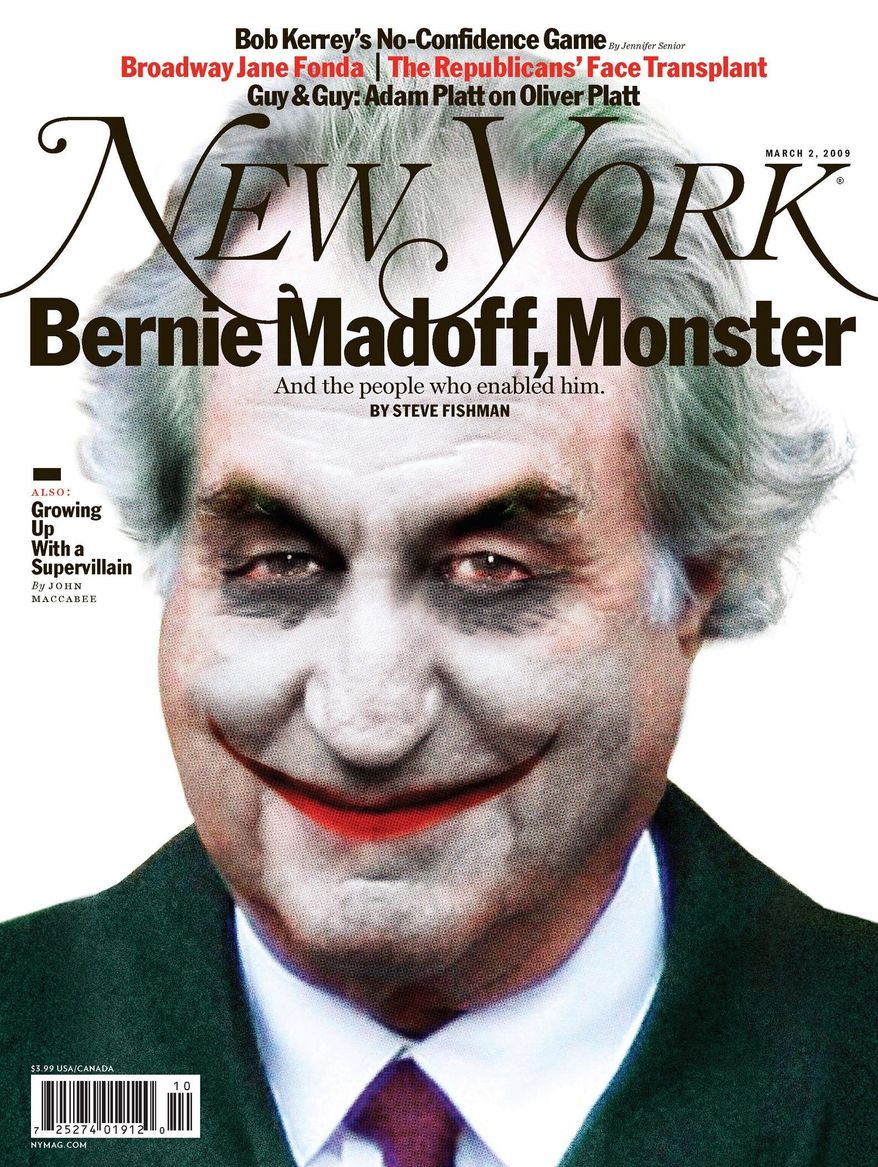 Imagem de capa da revista New York Magazine de 2 de março de 2009 mostra Bermard Madoff como o personagem Coringa, de Batman. (AP Photo/ Darrow ) 