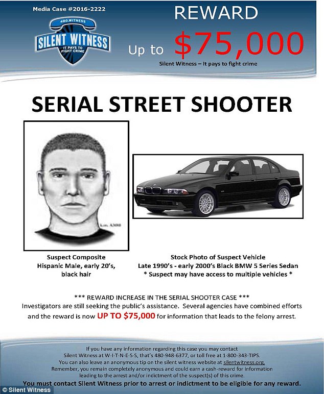 Polícia ofereceu uma recompensa de 75 mil dólares por pistas que levassem à prisão de serial killer. Eles compartilharam um cartaz com seu retrato falado e uma BMW preta, carro que uma testemunha disse ter visto o assassino dirigindo.