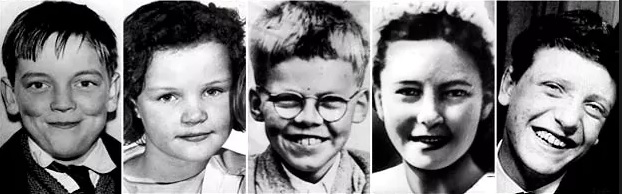 As vítimas: John Kilbride, Lesley Ann Downey, Keith Bennet, Pauline Reade e Edward Evans.