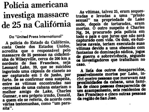 Reportagem da Folha de São Paulo de 12 de Junho de 1985 fala sobre a descoberta dos crimes de Leonard Lake e Charles Ng. Foto: Folha de São Paulo.