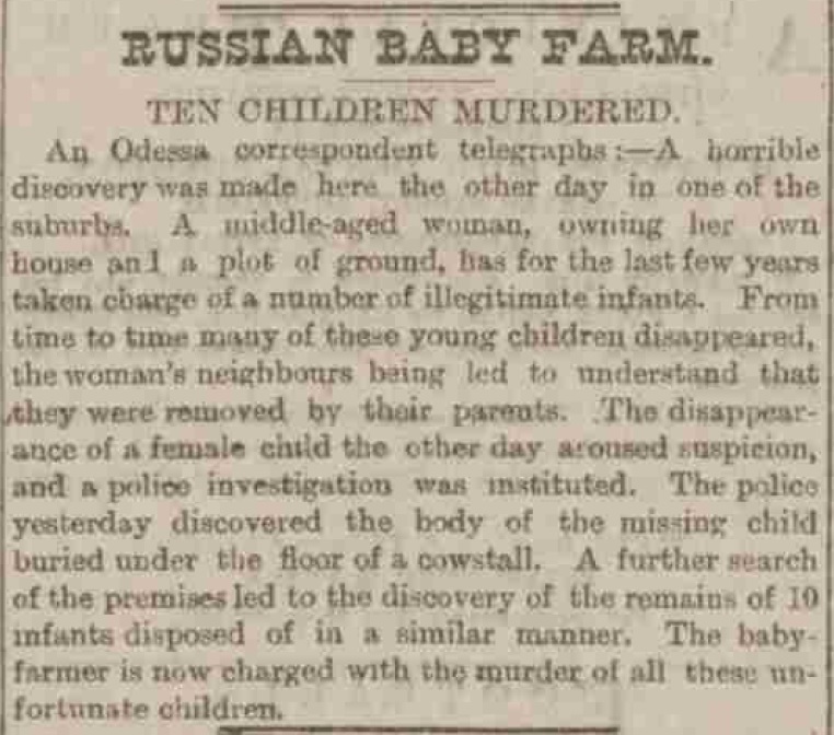 Russian Baby Farmer - Sheffield Evening Telegraph. 15/11/1887