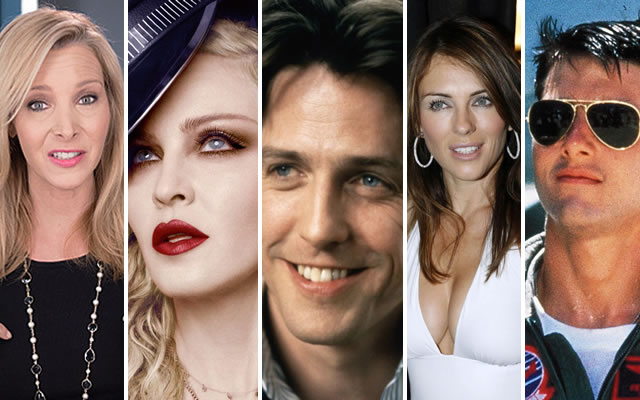 As celebridades Lisa Kudrow, Madonna, Hugh Grant, Elizabeth Hurley, Tom Cruise.