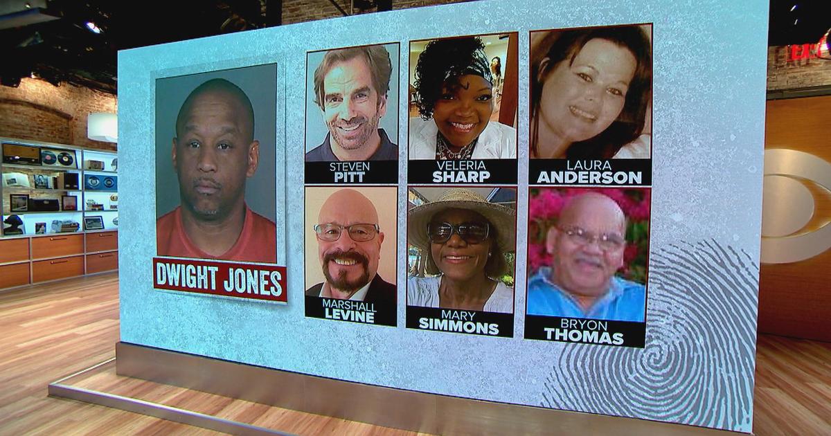 O acusado Dwight Jones e suas seis vítimas. Foto: CBS News.