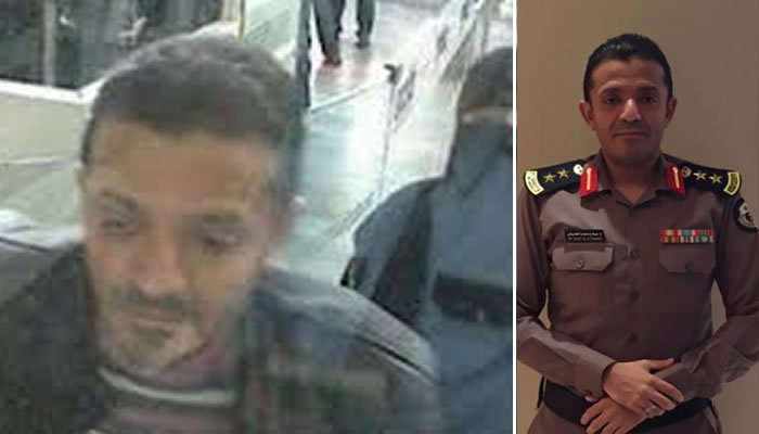 O patologista forense do reino saudita Salah Muhammed al-Tubaigy foi capturado pelas câmeras do aeroporto em 2 de outubro. À direita uma foto de arquivo.